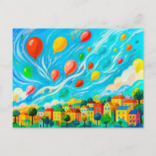 Colourful houses with balloons in windy sky postcard
