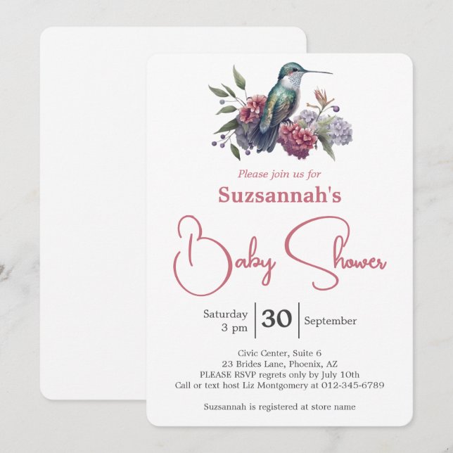 Colourful Hummingbird and Flowers Baby Shower Invitation (Front/Back)