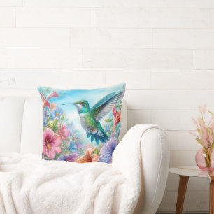 Colourful Hummingbird And Flowers Cushion