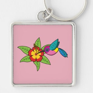 Colourful Hummingbird on Hibiscus Tropical Flower Key Ring