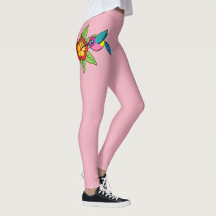 Colourful Hummingbird on Hibiscus Tropical Flower Leggings