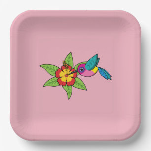 Colourful Hummingbird on Hibiscus Tropical Flower Paper Plate