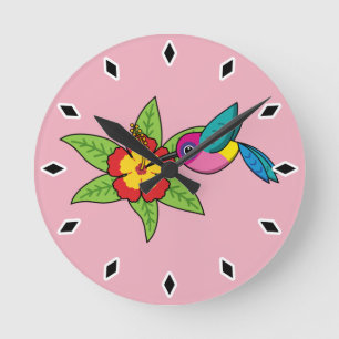Colourful Hummingbird on Hibiscus Tropical Flower Round Clock