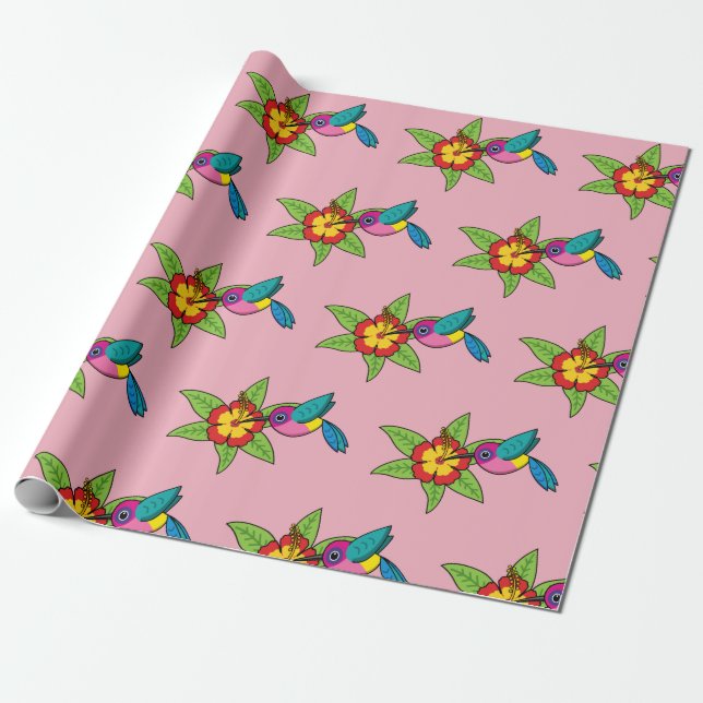 Colourful Hummingbird on Hibiscus Tropical Flower Wrapping Paper (Unrolled)