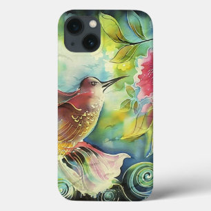 Colourful Hummingbird Silk Art Painting iPhone 13 Case