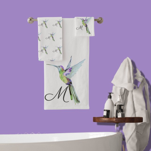 Colourful Hummingbird watercolor Monogram initial  Bath Towel Set (Creator Uploaded)
