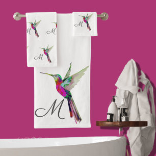 Colourful Hummingbird watercolor Monogram initial Bath Towel Set