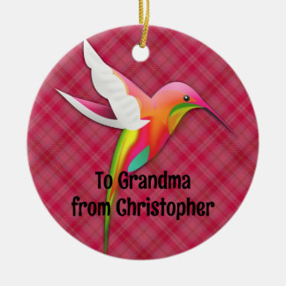 Colourful Hummingbird with Vivid Pink Plaid Ceramic Tree Decoration