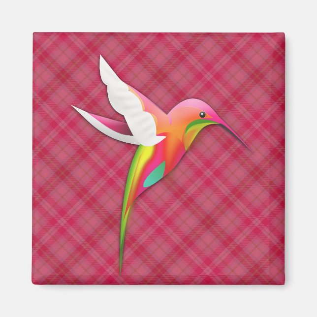 Colourful Hummingbird with Vivid Pink Plaid Magnet (Front)