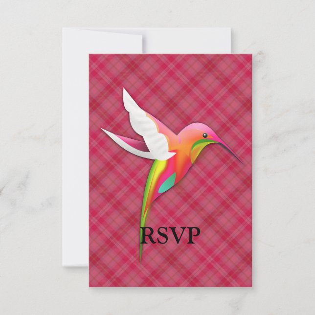 Colourful Hummingbird with Vivid Pink Plaid RSVP Card (Front)