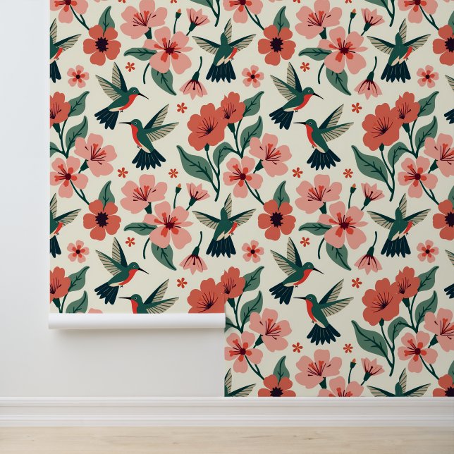 Colourful Hummingbirds and Floral Pattern Wallpaper (Application)