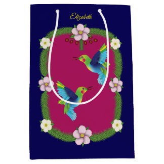 Colourful Hummingbirds.  Dark blue Medium Gift Bag