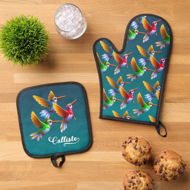 Colourful Hummingbirds in Flight Oven Mitt & Pot Holder Set (Top Down)