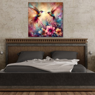 Colourful Hummingbirds In Flower Garden Watercolor Poster