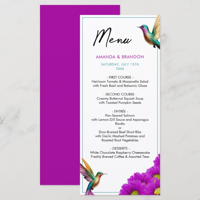 Colourful Hummingbirds Purple Daisies Wedding Menu (Front/Back)