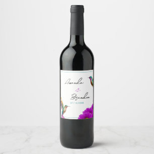 Colourful Hummingbirds Purple Daisies Wedding Wine Label