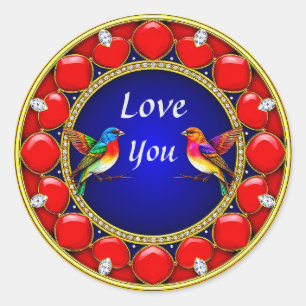 Colourful Hummingbirds Surrounded by Romantic Hear Classic Round Sticker