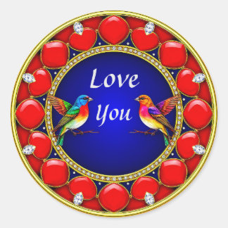 Colourful Hummingbirds Surrounded by Romantic Hear Classic Round Sticker