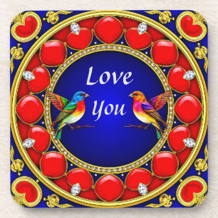 Colourful Hummingbirds Surrounded by Romantic Hear Coaster