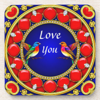 Colourful Hummingbirds Surrounded by Romantic Hear Coaster