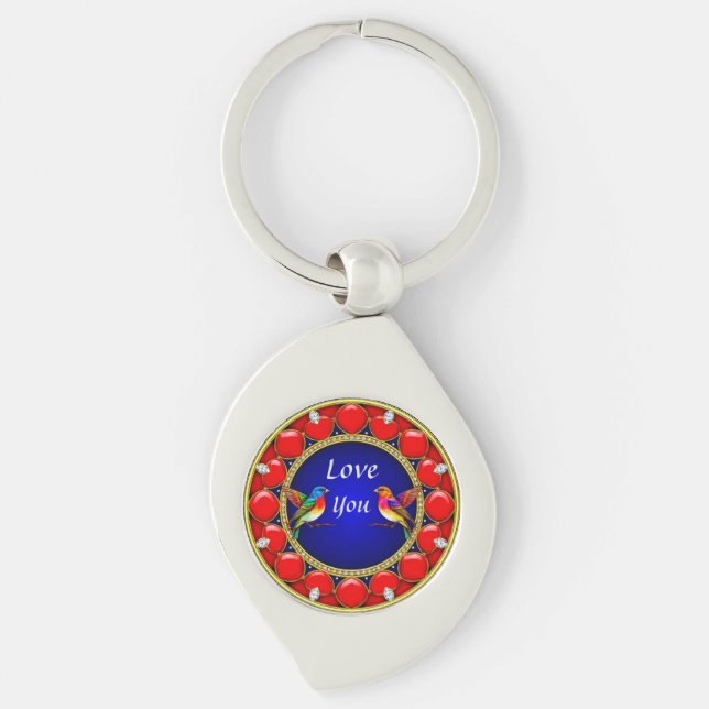 Colourful Hummingbirds Surrounded by Romantic Hear Key Ring (Front)