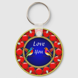 Colourful Hummingbirds Surrounded by Romantic Hear Key Ring
