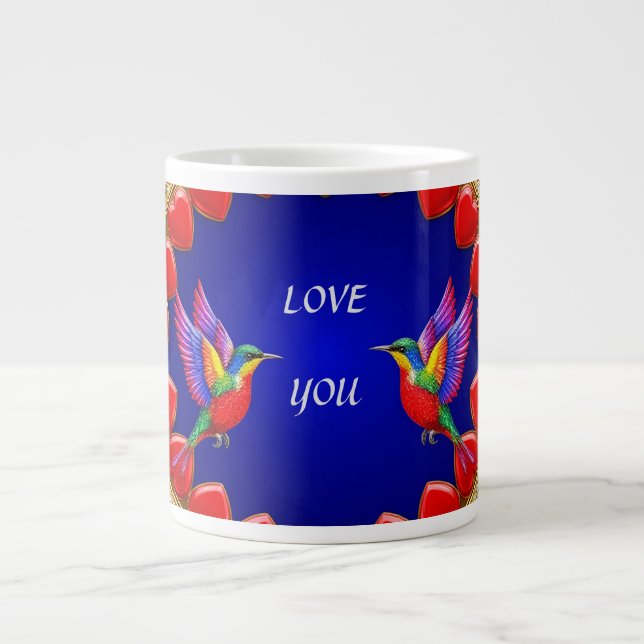 Colourful Hummingbirds Surrounded by Romantic Hear Large Coffee Mug (Front)