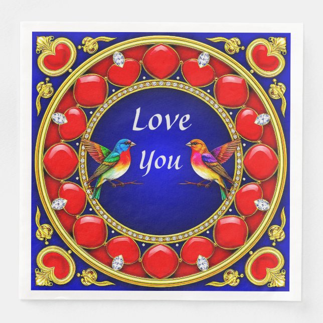 Colourful Hummingbirds Surrounded by Romantic Hear Napkin (Front)