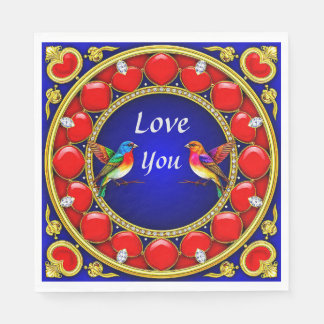 Colourful Hummingbirds Surrounded by Romantic Hear Napkin