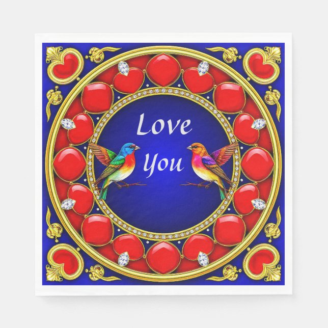 Colourful Hummingbirds Surrounded by Romantic Hear Napkin (Front)