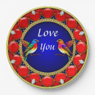 Colourful Hummingbirds Surrounded by Romantic Hear Paper Plate
