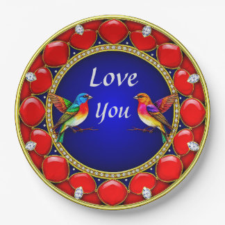 Colourful Hummingbirds Surrounded by Romantic Hear Paper Plate