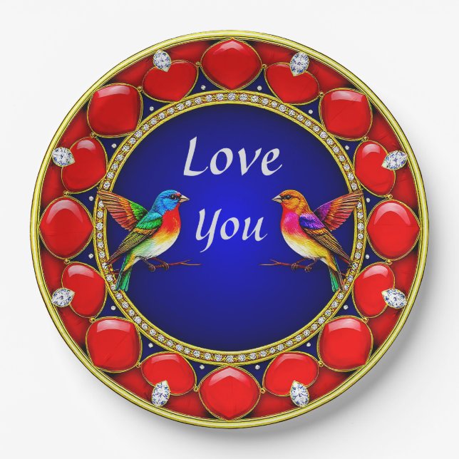 Colourful Hummingbirds Surrounded by Romantic Hear Paper Plate (Front)