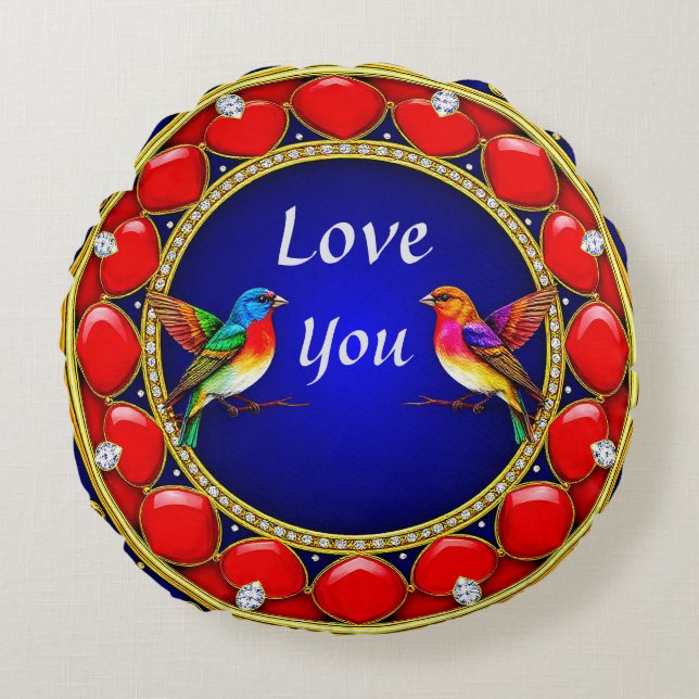 Colourful Hummingbirds Surrounded by Romantic Hear Round Cushion (Front)