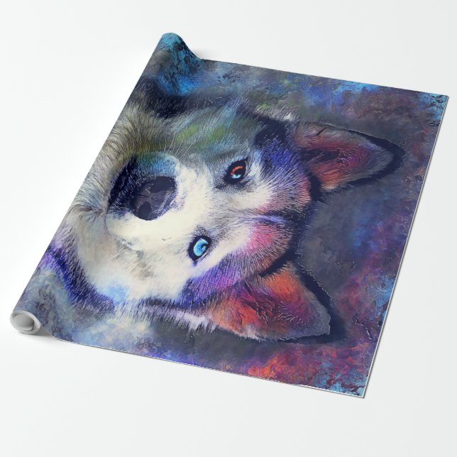 Colourful Husky Dog Art Print Gift Lovers Wrapping Paper (Unrolled)