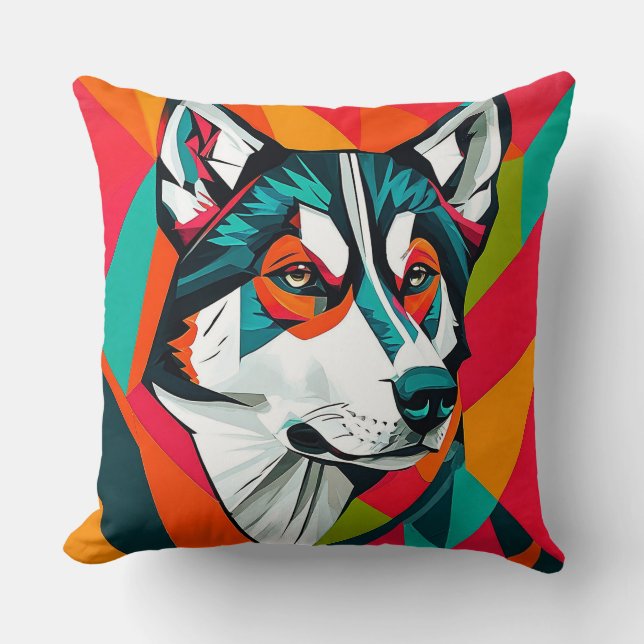 Colourful Husky dog Cushion (Front)