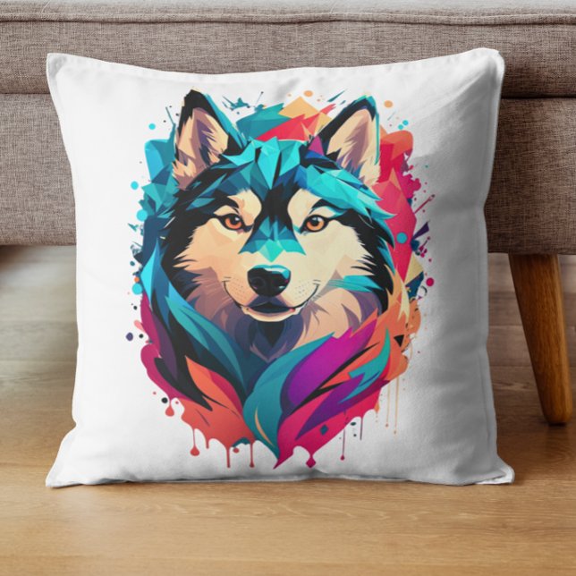 Colourful Husky Dog Head Vibrant Husky Lovers  Cushion (Creator Uploaded)