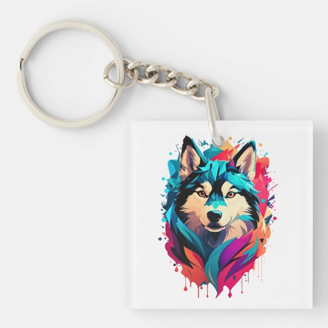 Colourful Husky Dog Head Vibrant Husky Lovers  Key Ring (Front)