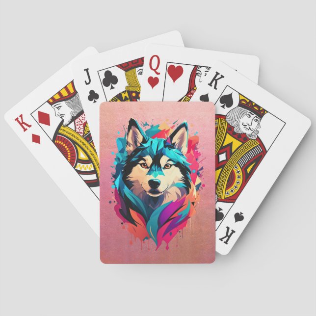 Colourful Husky Dog Head Vibrant Husky Lovers Playing Cards (Back)
