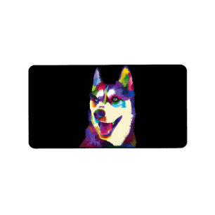 Colourful husky dog pop art style present label