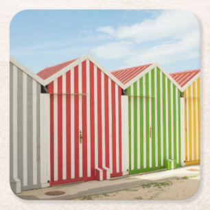 Colourful Huts On Beach Square Paper Coaster