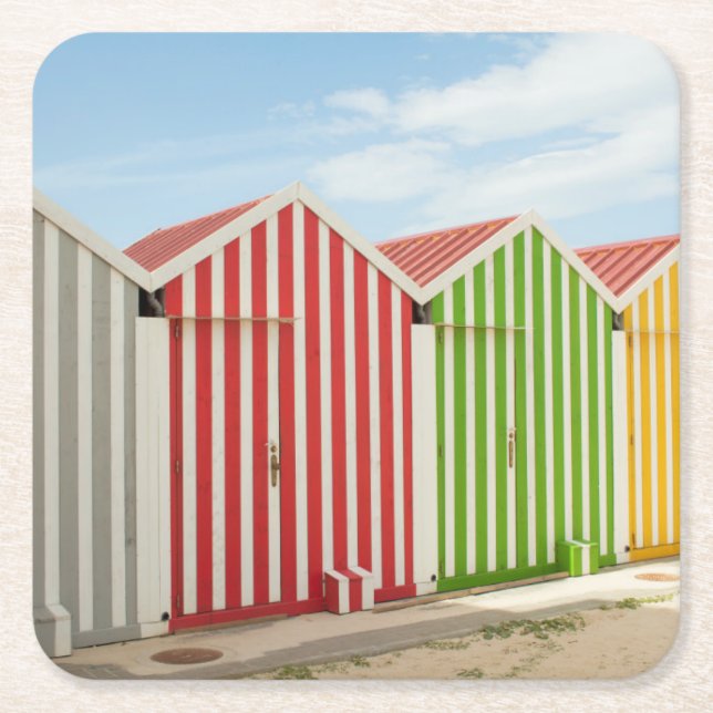 Colourful Huts On Beach Square Paper Coaster (Front)