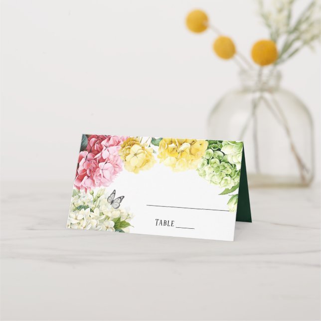 Colourful Hydrangea and Butterfly Wedding Table Place Card (Front)