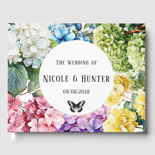 Colourful Hydrangea Floral Butterfly Wedding Guest Book (Front)
