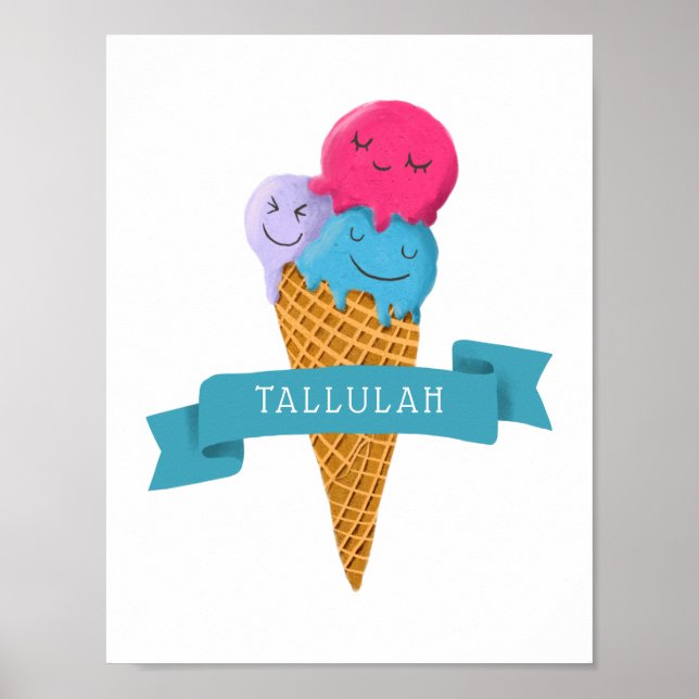 Colourful Ice Cream Cone Nursery Art with Name Poster (Front)