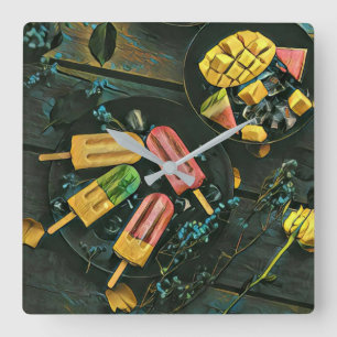 Colourful ice cream cone popsicle square wall clock