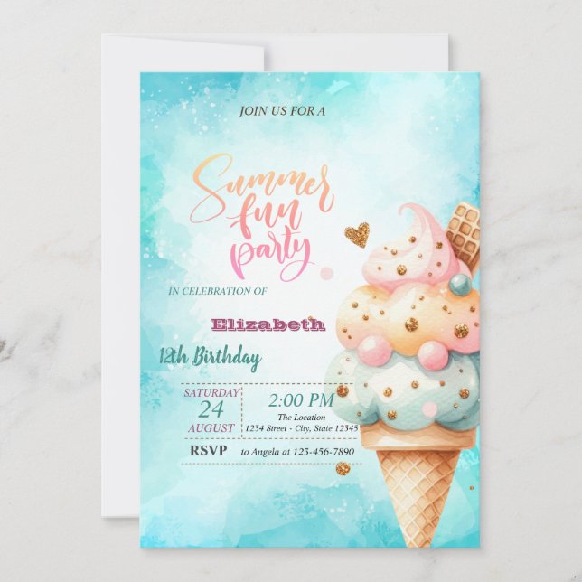 Colourful Ice Cream Cone Summer Birthday Party  Invitation (Front)