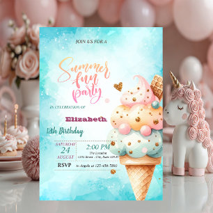 Colourful Ice Cream Cone Summer Birthday Party  Invitation