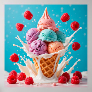 Colourful Ice Cream Cone with Splashing Milk Poster