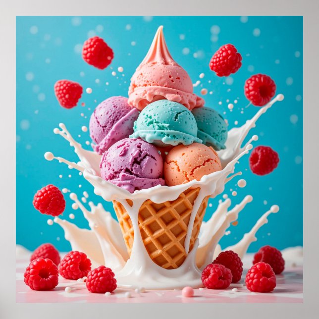 Colourful Ice Cream Cone with Splashing Milk Poster (Front)